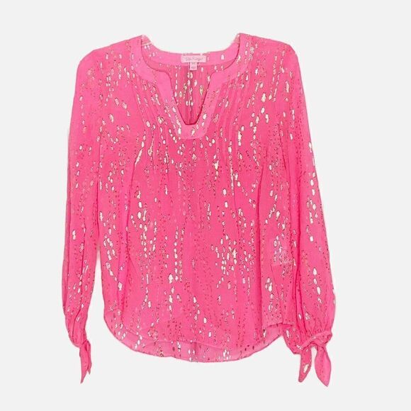 Lilly Pulitzer COLBY SILK CLIP TOP Neon Pink Gold Metallic Soleil Blouse Siz XXS - Picture 2 of 10